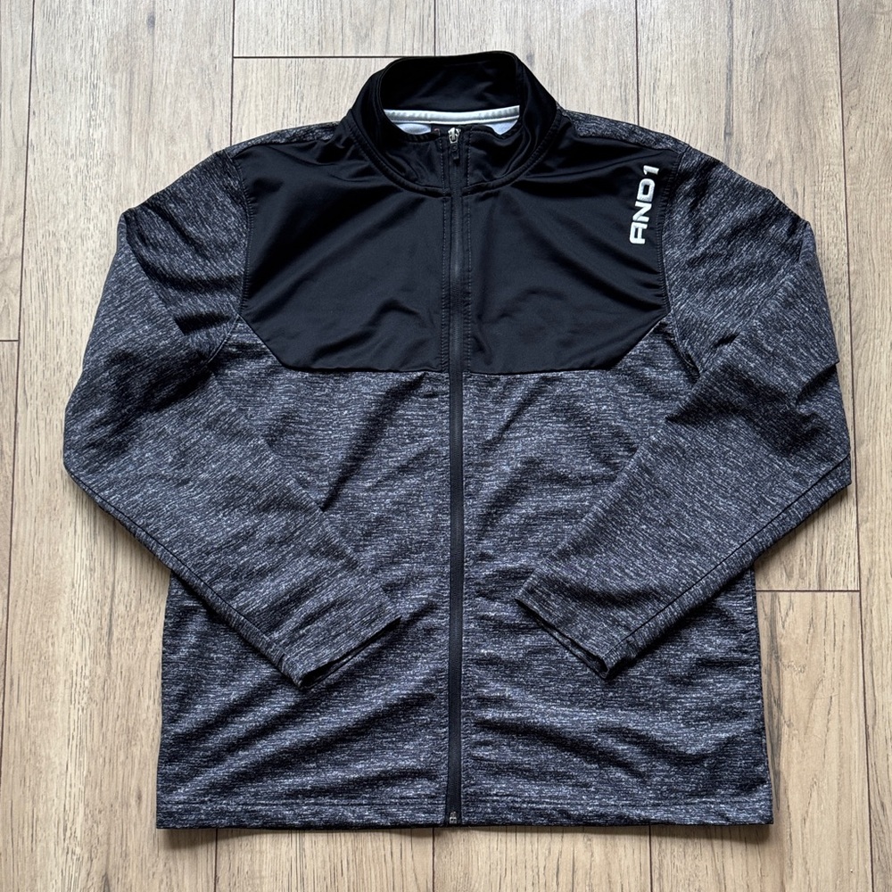 AND1 Men’s Track Jacket Large Black Gray Full Zip Athletic Activewear Logo